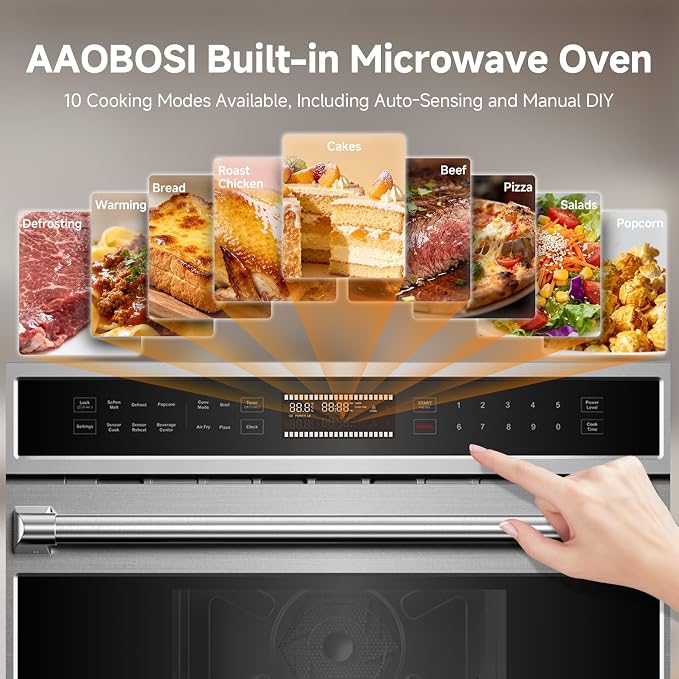 AAOBOSI 30 Inch Built-in Microwave and Convection Oven Combination, 1.6 Cu. Ft. Wall Oven Microwave Combos, Stainless Steel Finish, Touch Control LCD Display, Sensor Cook