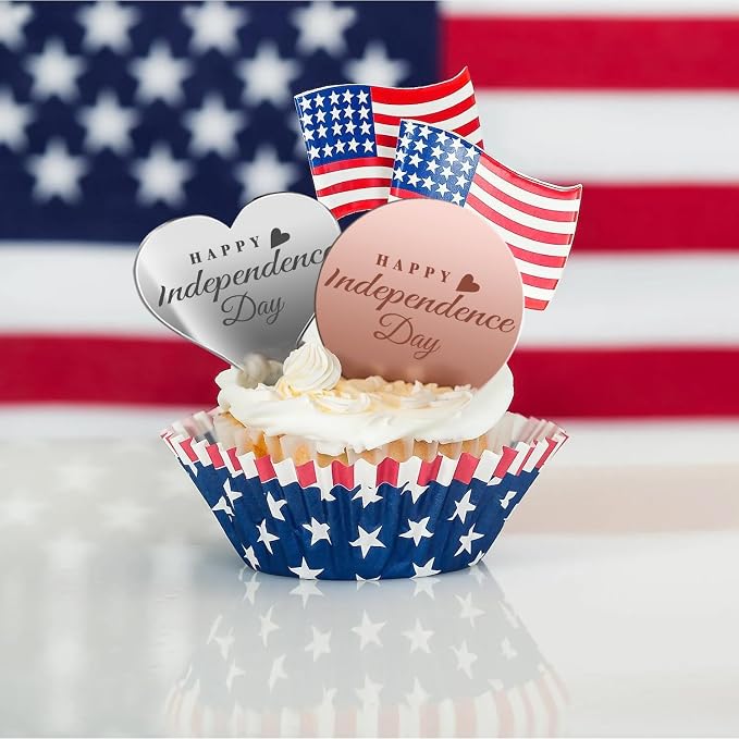 45PCS Happy 4th of July Cake Toppers, Mirror Acrylic Cupcake Toppers 3 Multi-shape & 3 Different Color Custom Cupcake Picks for 4th of July Party Decorations