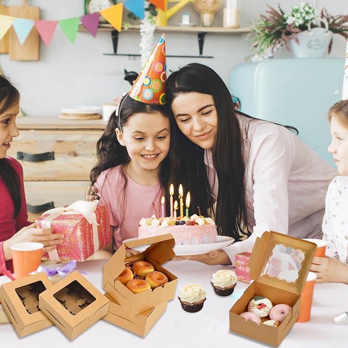 YAYODS 100 Pack Cookie Boxes 6x6x3 Bakery Boxes with Window, Small Kraft Treat Box with Stickers for Desserts, Pastry, Small Donut, Individual Cupcakes, Baked Goods