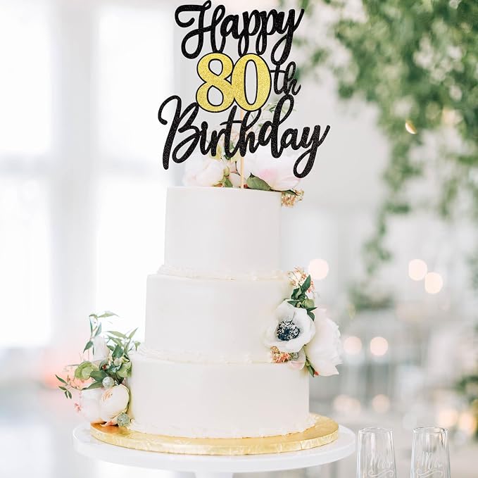 1 PCS Happy 80th Birthday Cake Topper Black Gold Glitter Cheers to 80 Years Birthday Cake Pick 80 Fabulous Cake Decoration for Happy 80th Birthday Anniversary Party Cake Decorations Supplies