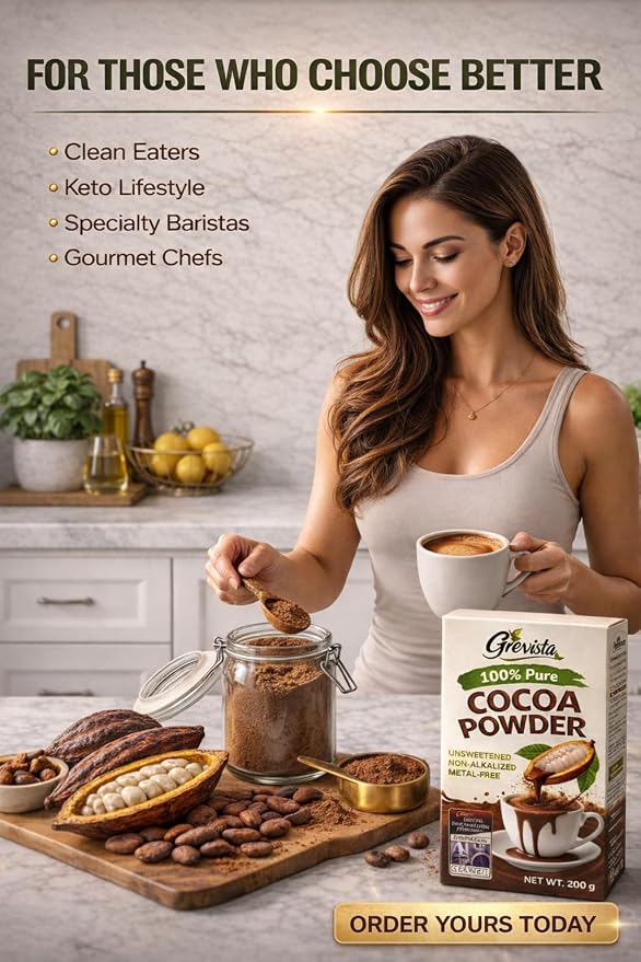 Grevista 100% Pure Cocoa Powder – Unmistakably Premium Quality | Bronze & Silver Medal-Winning | High flavanol | Organic, Unsweetened, Non Alkalized, No Heavy Metal, cacao powder for coffee