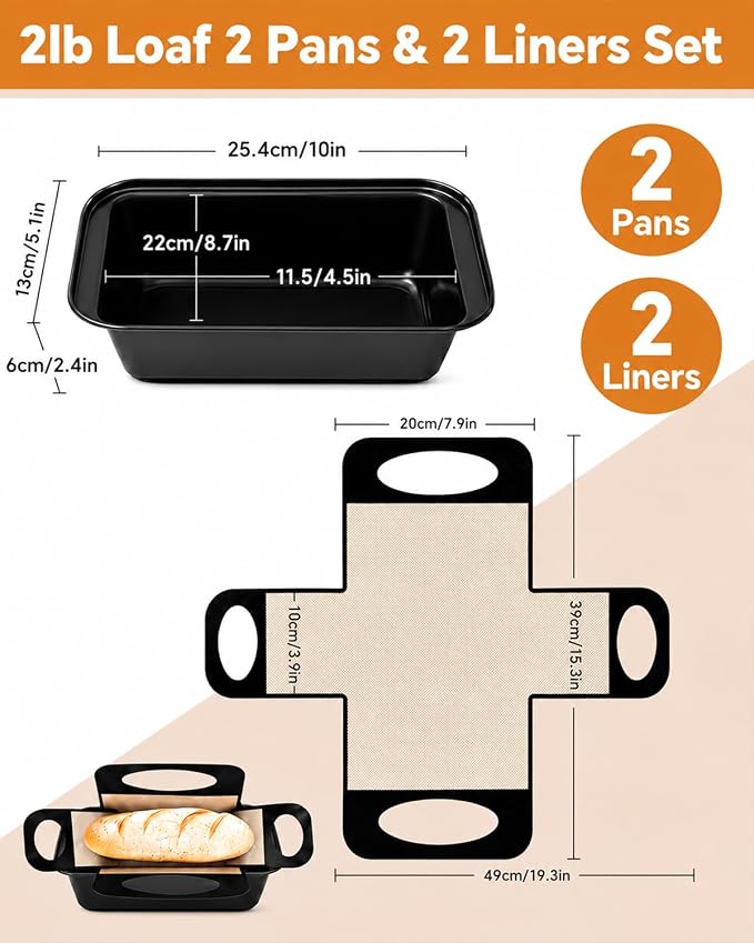 9x5 Loaf Pans for Baking Bread, 2-Pack Bread Loaf Pan Set with Silicone Bread Sling Liners, Nonstick Loaf Liners for Sourdough, Banana Bread, Homemade Bread