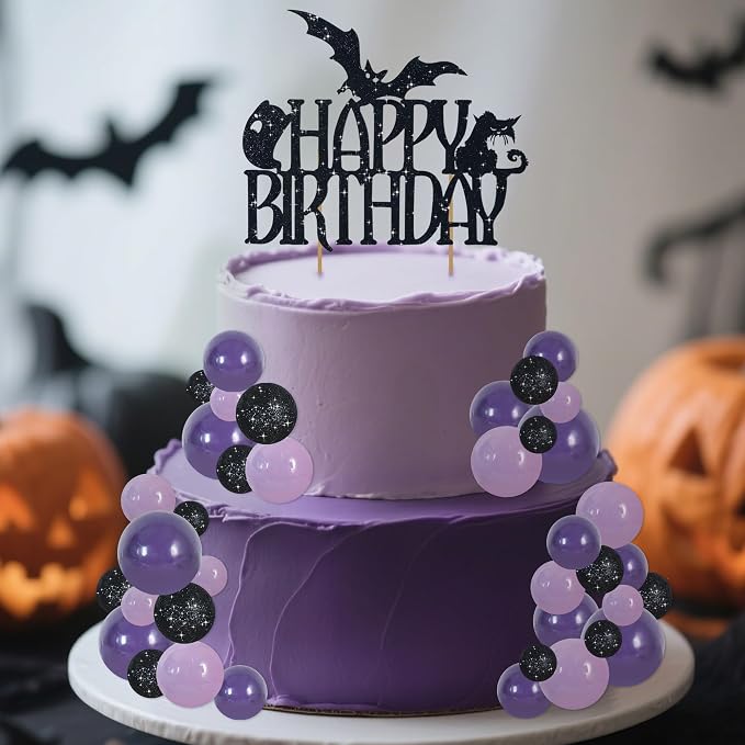 BEISHIDA 42 Pcs Cake Topper with Mini Balls, Halloween Cake Toppers, Cake Decorations for Halloween Birthday Party, Wednesday Theme Party Decor (Black, Purple)
