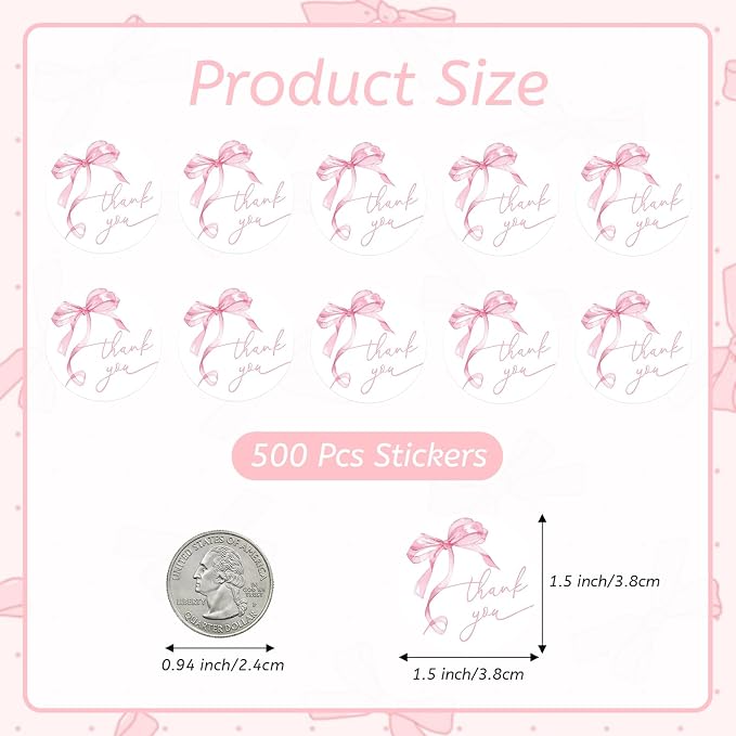 500pcs Pink Thank You Stickers, 1.5 Inch Watercolor Bowknot Thank You Labels, Self-Adhesive Small Business Stickers for Gift Packaging (Pink)