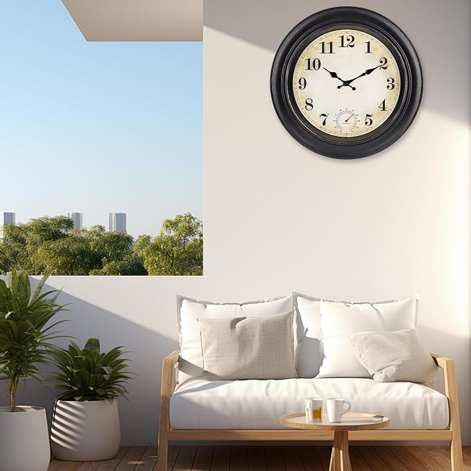 Large Outdoor Clocks Waterproof with Thermometer Combo Vintage Outdoor Wall Clock Decor for Patio Pool Garden(18 Inch)