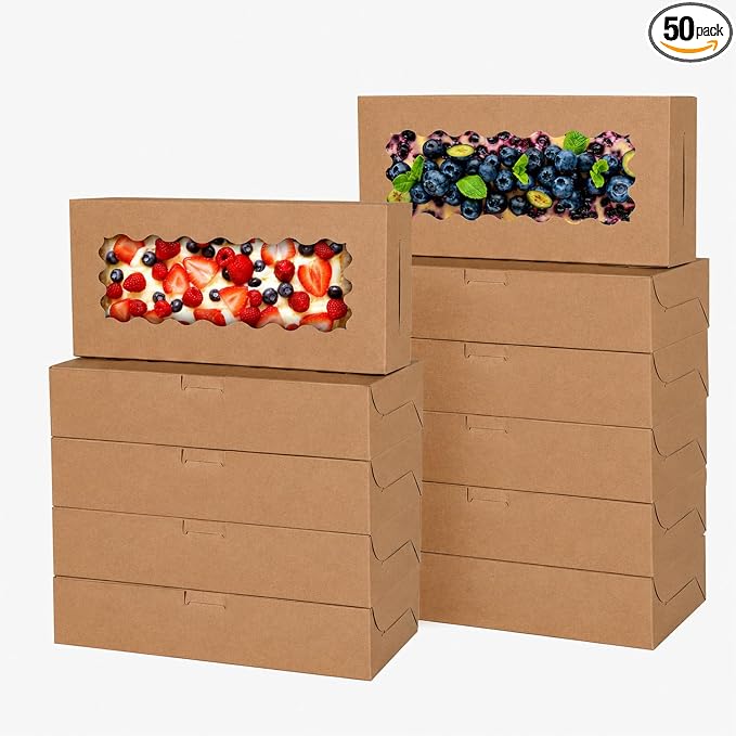 50 pcs Brown Cookie Box,12x5.5x2.5 Inch Bakery Boxes with Window Pies Chocolate Strawberries Muffins Biscuit Pastry Dessert Box For Packaging