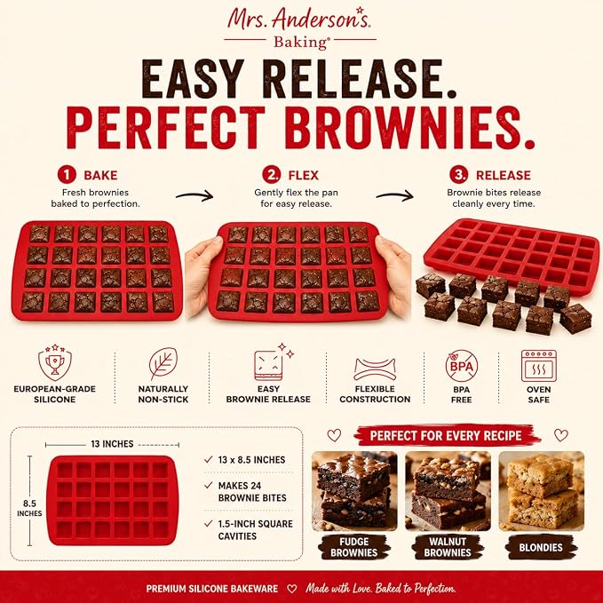 Mrs. Anderson's Baking Silicone Mini Brownie Pan, 24 Cup, European-Grade Silicone Bakeware, For Bite-Sized Brownies And Desserts