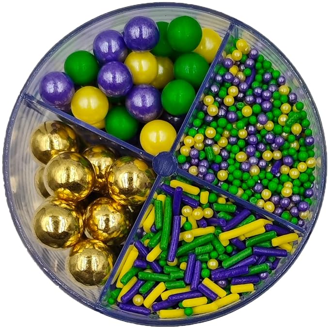 Mix Mardi Gras Sprinkles, Edible Purple Yellow Green 2mm Nonpareils, Jimmies, 7mm Pearls, 10mm Gold Pearls for Cake Decorating, Baking, Ice Cream, Cookies, Cupcake Topper Decorations, 5.64oz