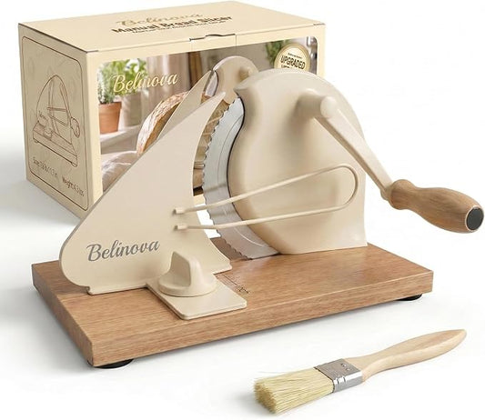 Sourdough Bread Slicer for Homemade Bread, Adjustable Thickness, Hand Crank | Adjustable thickness up to 0.9 in, 430 stainless steel blade, anti-jam guide, solid wood base, suction feet, and hand crank.