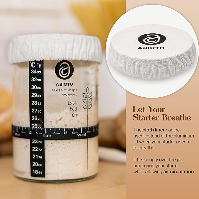 ABIOTO Sourdough Starter Jar Kit, Includes 34 oz Sourdough Starter Jar with Metallic Lid, Silicone Spatula, Feeding Tracker, Extra Thermometer Strips & Breathable Covers – Sourdough Bread Starter Kit