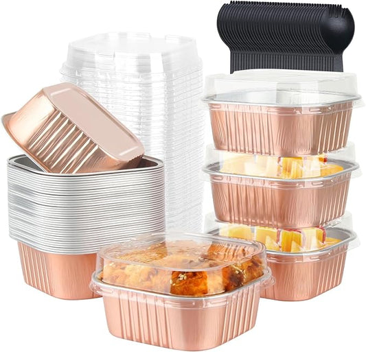 LNYZQUS 5oz Cupcake Mini Cake Pans with Lids 40 Pack, Aluminum Foil Cupcake Cups Brownie Baking Pans,Square Disposable Ramekins Baking Cups,Small Muffin Tin Holders-Champagne