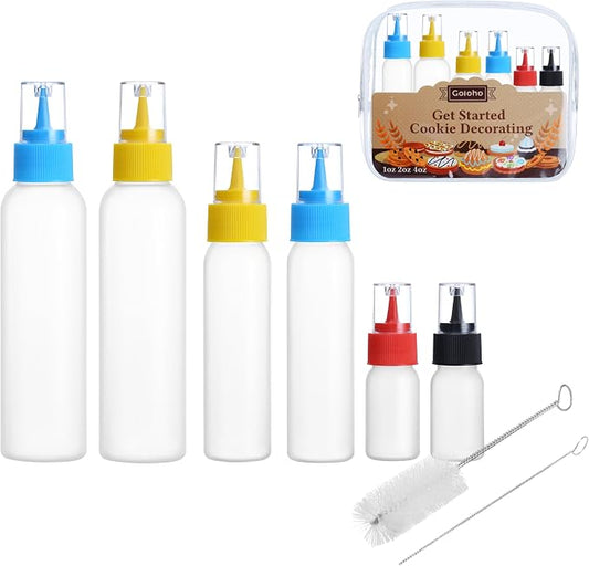Cookie Icing Bottles, 6 Squeeze Applicator Bottles, 2 each (1, 2 and 4 ounces), Royal Icing Tools, Cake Sugar Cookie Decorating Supplies, Food Coloring, Frosting, Pancake Arts and Crafts Kit