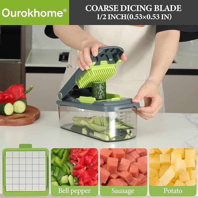 Ourokhome Vegetable Chopper Onion Cutter with Container Multifunctional Food Chopper with 2 Blades, Dough Pastry Bench Cutter Scraper, Stainless Steel Pizza Cutter for Kitchen Baking, Dishwasher Safe