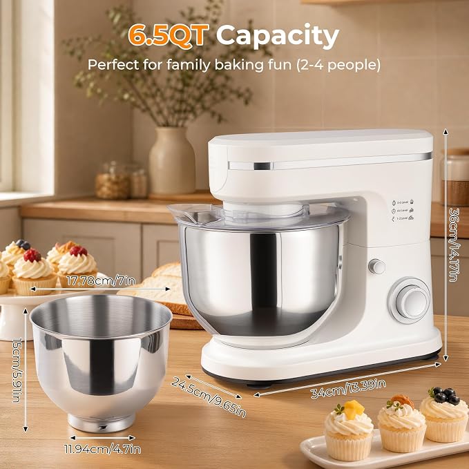 6.5QT Stand Mixer, 700W 6-Speed Tilt-Head Electric Stand Mixer, 3-In-1 Kitchen Mixer with Bowl, Dough Hook, Wire Whisk & Flat Beater, Perfect for Bakery, Cake, Bread and Home Baking