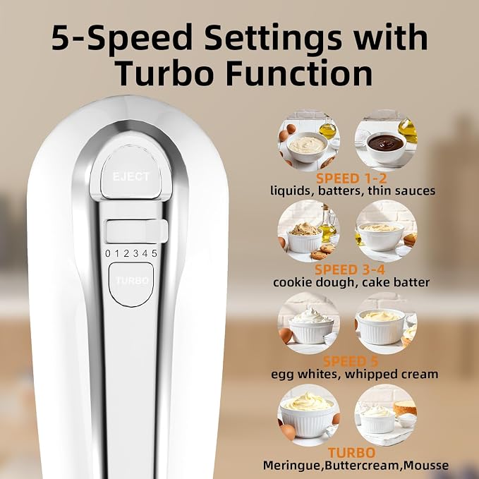 4.8QT 2-in-1 Stand Mixer, Electric Kitchen Mixer with Auto-Rotating Bowl & Tilt-Head, 5-Speed 250W Turbo Baking Machine for Beginners with Beater & Dough Hook for Cookie, Bread, Cake (White)