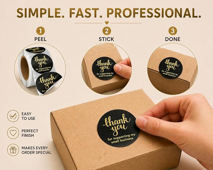 Thank You Stickers 2 Inch for Small Business – 500 Pcs Round Black & Gold Thank You for Supporting My Small Business Stickers – Waterproof Gold Foil Labels for Packaging, Envelope Seals, Bags, Boxes