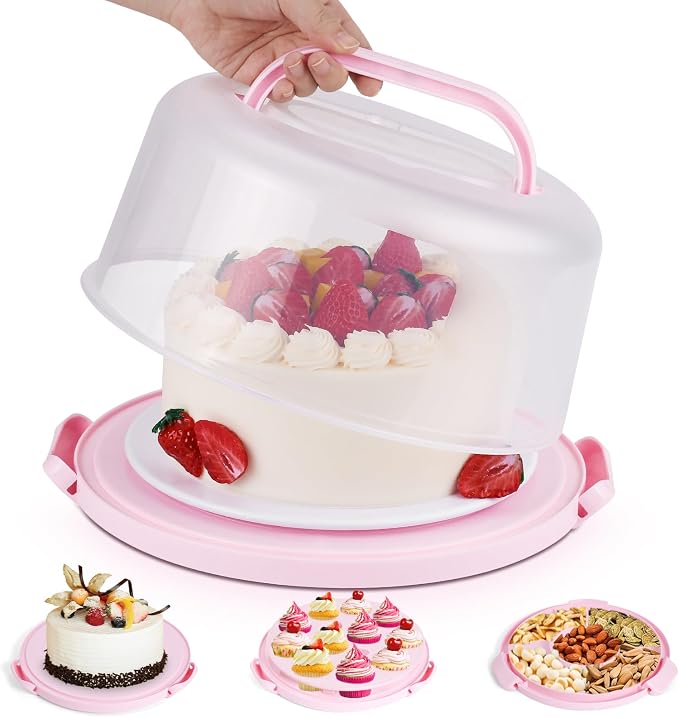 Cake Container - Cake Holder for 10 in Cake with 2 Handles Cupcake Carrier | Cake Carrier with Lid and Handle, BPA-Free Plastic Cover Two Sided Base for Transport Pies Nuts Fruit Perfect Gifts