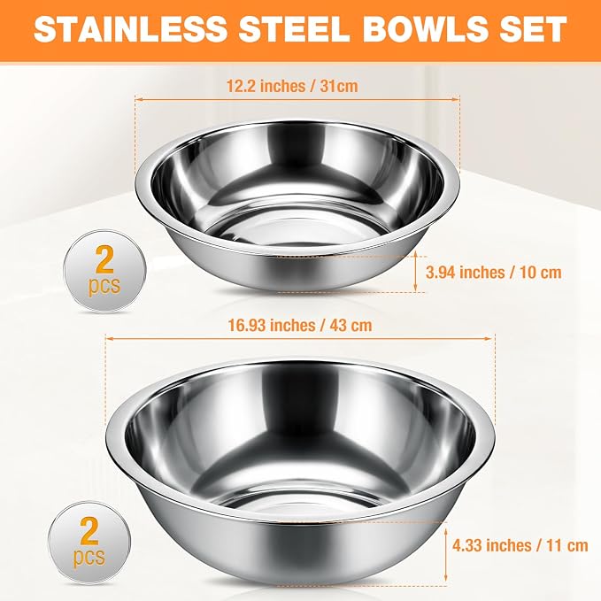 Domensi Stainless Steel Mixing Bowls Set - 4-Piece Polished Mirror Nesting Bowls 2 Pcs 8-Quart and 2 Pcs 16-Quart Flat Base Ideal for Kitchen, Cooking, Baking and Storage, Shallow