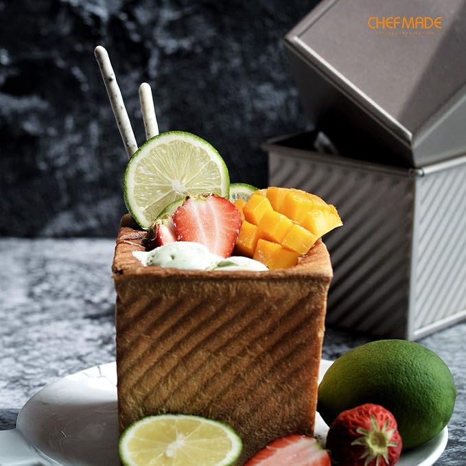 CHEFMADE Mini Pullman Loaf Pan with Lid, 0.55Lb Dough Capacity Non-Stick Rectangle Corrugated Toast Box for Oven Baking 4" x 4" x 3.9"(Champagne Gold)