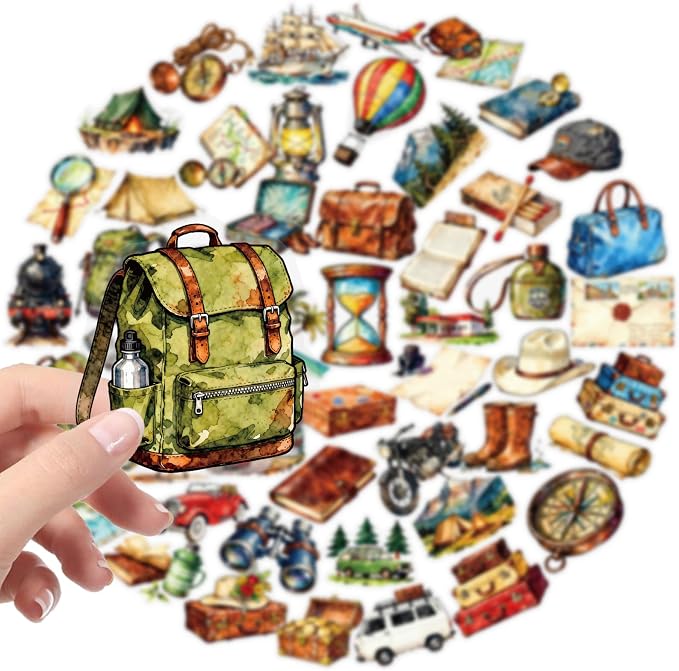 56 pcs Watercolor Vintage Travel Adventure Clear PET Stickers, Camping Hiking Compass Map Luggage Transparent Die-Cut Decals, Waterproof Stickers for Journal Scrapbook Planner DIY Outdoor Craft Decor