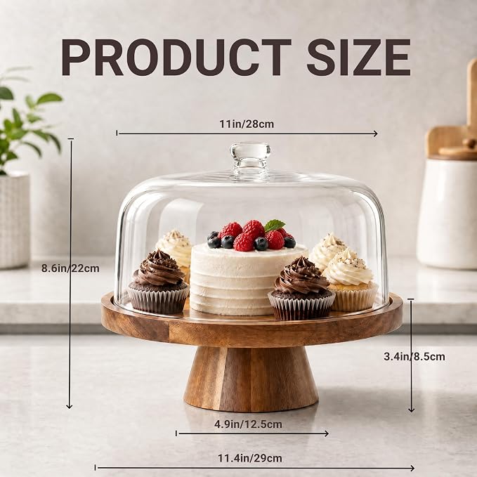 Acacia Wood Cake Stand with Lid, 11.4" Cake Stand with Acrylic Dome, 2-In-1 Cake Display Stand with Magnetic Base, Cake Holder for Charcuterie, Snacks&Desserts for Birthday/Wedding/Kitchen/Party