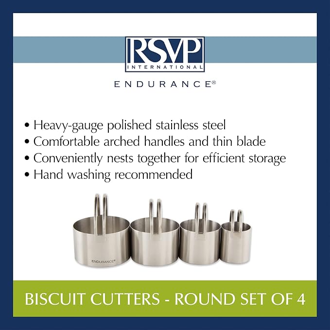 RSVP International Endurance Round Biscuit Cutters - Stainless Steel, Set of 4 | Nest for Easy Storage | For Cutting Thick or Thin Dough | Professional | High Handle Arch