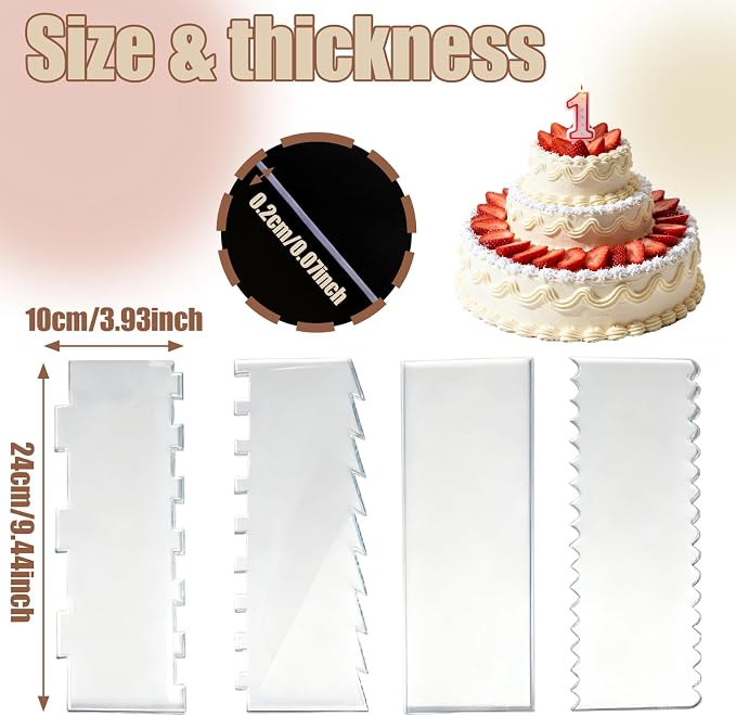 4 Pieces Acrylic Cake Scraper Set - Large Transparent Cake Smoother For Icing Frosting - Baking Tools With Comb Edge For Buttercream Mousse Decoration