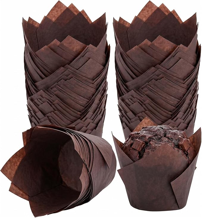 200 Pcs Brown Tulip Cupcake Liners for Baking, Standard Size | Standard Greaseproof Tulip Muffin Liners for Baking, 3oz Brown Paper Cupcake Wrappers for Party Wedding Birthday