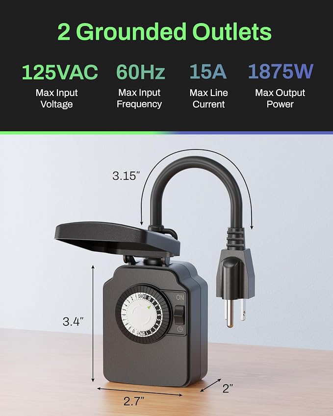 BN-LINK 24 Hour Heavy Duty Mechanical Timer, Outdoor Timer Outlet Waterproof with 30 Minutes Intervals, 1 Grounded Outlets for Christmas Lights Pool Pump,15A 1/2HP, ETL Listed