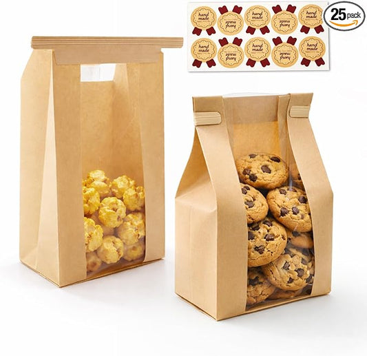 WIKDAY Bakery Bags with Window 25PCS Paper Cookie Bags Tin Tie Tab Lock Small Pastry Bags for Baked Goods Gift Giving Snack Treat Desert Packaging Storage Includes Label Seal Stickers 3.5x2.3x7.5in