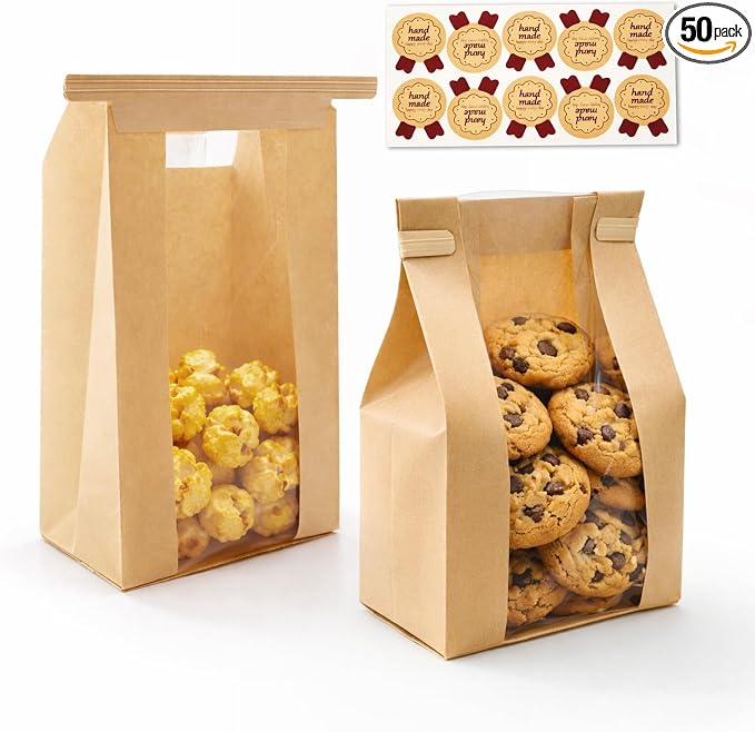 WIKDAY Bakery Bags with Window 50PCS Paper Cookie Bags Tin Tie Tab Lock Small Pastry Bags for Baked Goods Gift Giving Snack Treat Desert Packaging Storage Includes Label Seal Stickers 3.5x2.3x7.5in