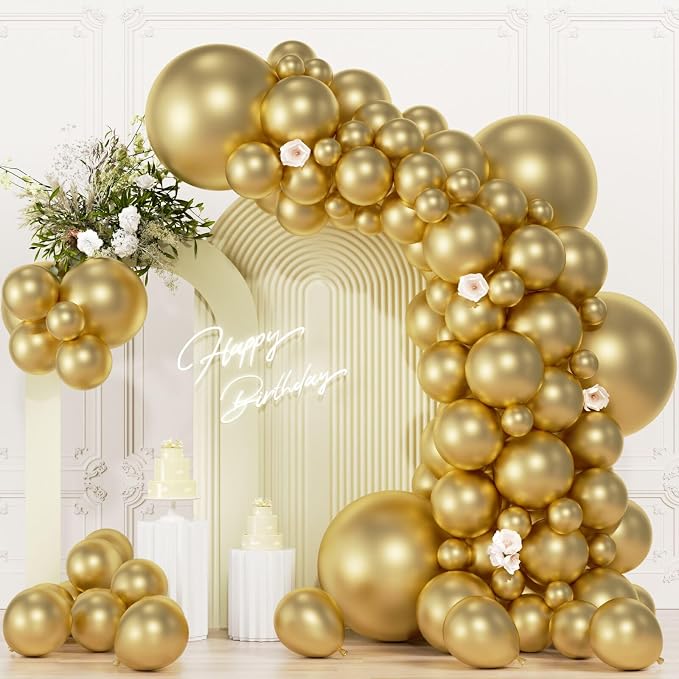 104pcs Metallic Gold Balloons - 18/12/10/5 Inch Chrome Gold Latex Balloons Garland Arch Different Sizes Pack for Birthday, Wedding, 2026 New Year's Eve Party Decorations