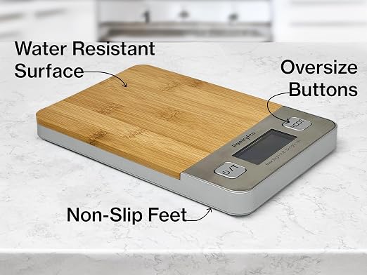 Bamboo Platform Digital Kitchen Scale - for Food Coffee Lab - LCD Display gram Ounces lb:oz - 11 LB/5 KG Capacity - Battery Included - Natural by The Display Guys