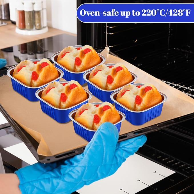 200 Pack 5 oz Mini Cake Pans with Lid, Aluminum Foil Mini Baking Tins, Square Disposable Cupcake Baking Cup Dessert Container for Wedding Birthday Party Picnic(Dark Blue,Classic)