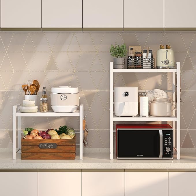DOLALIKE Microwave Oven Rack, Expandable Microwave Stand Kitchen Countertop Organizer Utensils Storage, Carbon Steel Over Microwave Shelf with 3 Hooks (White, 3 Tier)