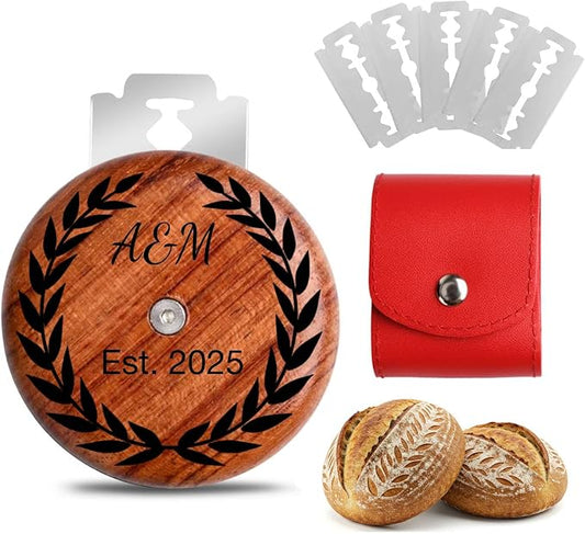 Custom Engraved UFO Bread Lame - Personalized Sourdough Scoring Tool for Artisan Bread Baking, Bread Scorer Tool Set with 5 Professional Stainless Steel Blades, Baker Gift Idea (Design H-Red Pouch)