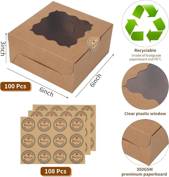 100 pcs 6x6x3 Inches Small Cake Box with Window, Bakery Pastry Cookie Boxes, Mini Pie container for Pastry,Dessert,Strawberries,Chocolates, Cupcakes with paper stickers (Brown)