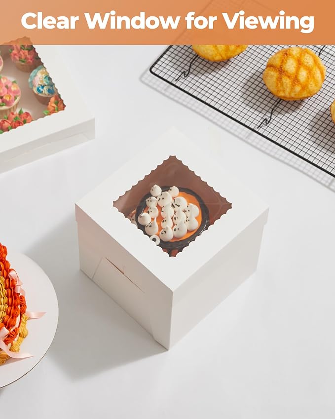 Kootek Cake Box with Board Drum, 8x8x8 Inches Tall Bakery Box with Window, Disposable Cake Container with Lid for Cake, Treat Cookie Dessert, Pastry, Birthday Party, Weddings