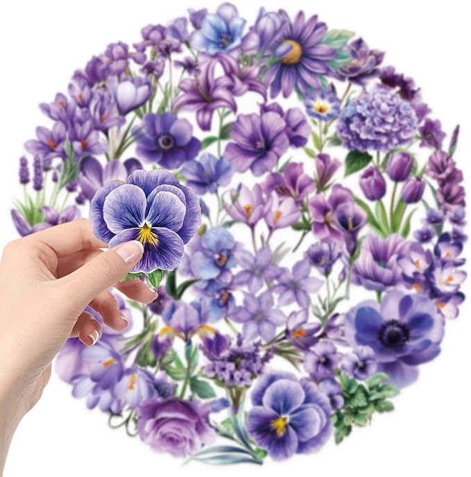 50Pcs Transparent Purple Flowers Stickers