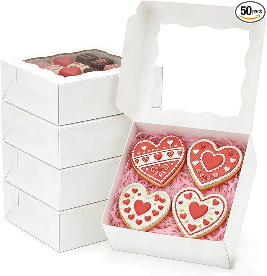 50pcs Cookie Boxes 6x6x2.5 Inch Bakery Boxes with window Chocolate Covered Strawberries Box Treat Box for Mini Cake Macaroon Dessert Pastry Muffins