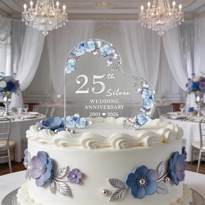 25th Anniversary Cake Topper Acrylic,25 th Anniversary Decorations & Keepsake Gift for Couples（25th Anniversary-Floral Wreath）