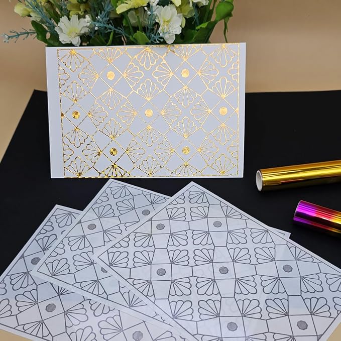 JBQUEEN 3pc Geometric Floral Pattern Background Stick&Shine Foil Transfer Sticker Paper for Handmade Scrapbooking Album Journal Invitation Decoration Metallic Foil Transfer Printing Adhesive Sheets
