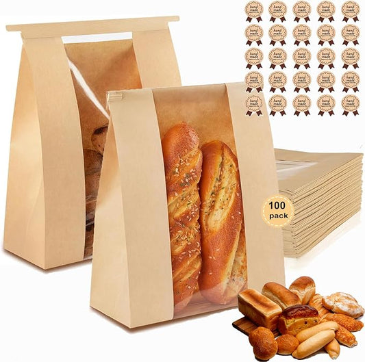 100 Pack thicker Large Sourdough Paper Bread Bags for Homemade Bread(13.7x8.2x3.7in)& Tin Tie Tab Lock. with Window bags & 125pcs label,for Packaging and Storage of Baked Goods