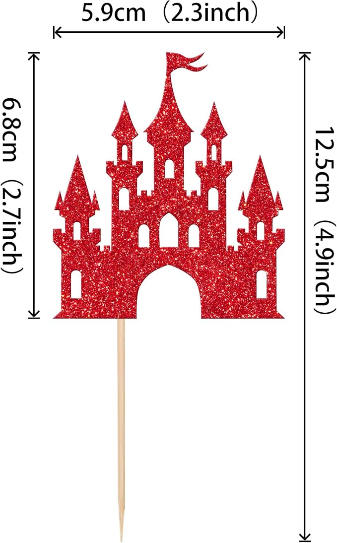 24 PCS Princess Castle Cupcake Toppers Glitter Princess Cupcake Toppers Queen Castle Theme Birthday Party Cake Decoration for Girls Princess Baby Shower Happy Birthday Party Decorations Supplies Red