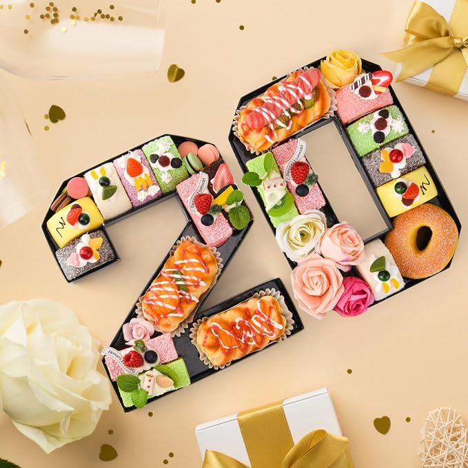 Cardboard Number for Charcuterie 20 Set Fillable Tray 10.2'' Black Charcuterie Paper Box for 20th Birthday Anniversary Party Decorations Chocolate Candy Cupcake Container
