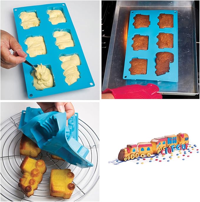 FantasyDay 1 Pack Cartoon Train Silicone Muffin Mold & Cupcake Baking Pan for Birthday Theme Party, Muffin Cups, Ice Cube, Soap, Wafer, Cake, Tart, Pie, Flan, Dough, Donut