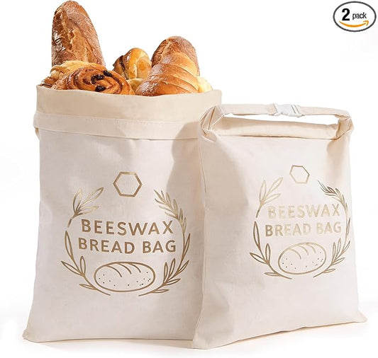 2 Pack Beeswax Bread Bags for Sourdough Homemade Bread, XL Reusable Bread Storage Bag, Organic Waxed Line and Linen Fabric Bread Bag for Home Bakers, Picnics Work or Gift-Giving