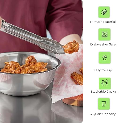 OCS Parts 4-Pack 3 Quart Mixing Bowls | Set of 4 | 9.75" Stainless Steel | Professional Grade Flat Base Mixing Bowls for Home and Commercial Kitchens