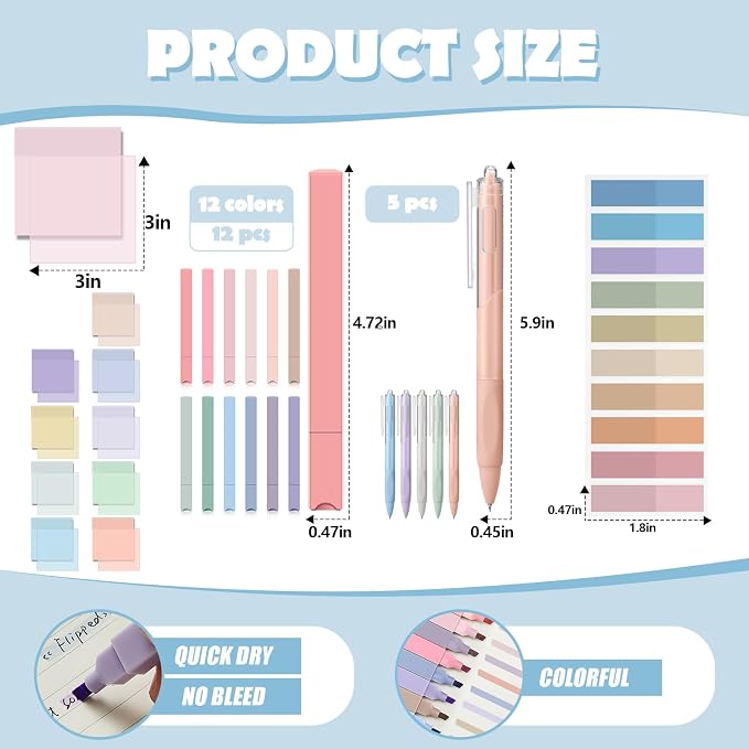 Jutom 39 Pcs Aesthetic Book Annotation Kit Highlighter with Case Bag Gel Pen Transparent Sticky Note Taking Bible Supplies(Light Blue,Cute Style)