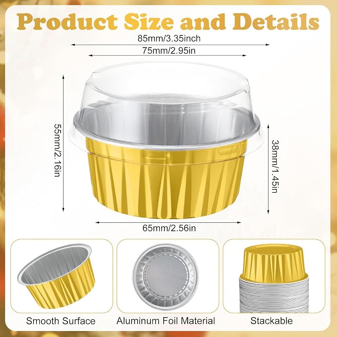Gejoy 500 Pcs Aluminum Foil Baking Cups with Lids 5 oz Disposable Ramekins Mini Cake Pans Creme Brulee Cupcake Liners Muffin Dessert Container for Wedding Birthday Party (Classic,Gold Color)